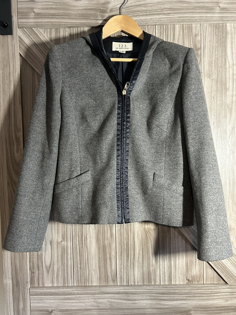 Maison 123 Paris Grey Wool Blend Hooded Zip Jacket Blazer Sz FR 44 US 12 L